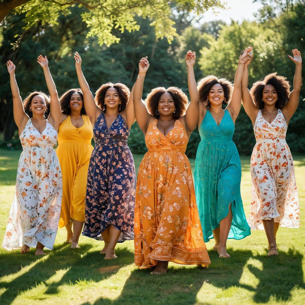 A diverse group of confident women of various body types joyfully celebrating in a sunny park, each adorned in colorful, flowing dresses that highlight their curves. They are engaging in empowering activities like yoga, painting, and dancing, surrounded by nature and flowers. The atmosphere exudes warmth, unity, and positivity, with a radiant sun illuminating their smiles. The scene embodies body positivity and feminine empowerment. super-realistic. vibrant colors. natural setting.
