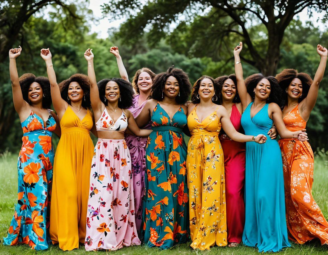 A diverse group of women of varying body types, ages, and ethnicities joyfully celebrating their bodies in a bright, open space. They are adorned in colorful, flowing garments that represent different cultures, surrounded by nature's beauty. Inspirational quotes about self-love and body positivity float in the air like butterflies. Their expressions radiate confidence and happiness, showcasing a new standard of beauty. vibrant colors. 3D.