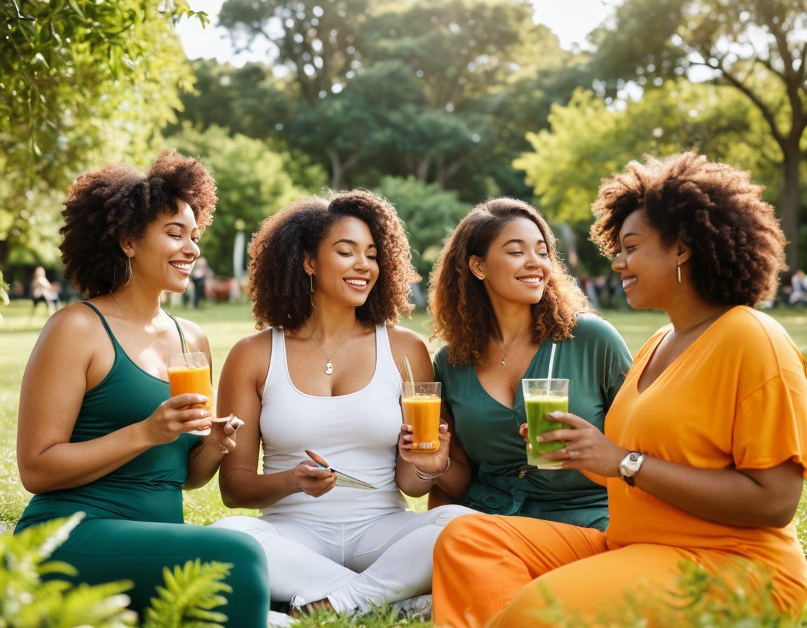 A vibrant scene featuring a diverse group of confident women of all shapes and sizes, proudly discussing lifestyle choices in a sunny park. One woman is holding a smoothie, another is practicing yoga, and a third is jotting down notes in a stylish journal. Lush greenery surrounds them, symbolizing health and vitality. Incorporate bright colors and positive energy to reflect empowerment and community. super-realistic. vibrant colors. outdoor setting.